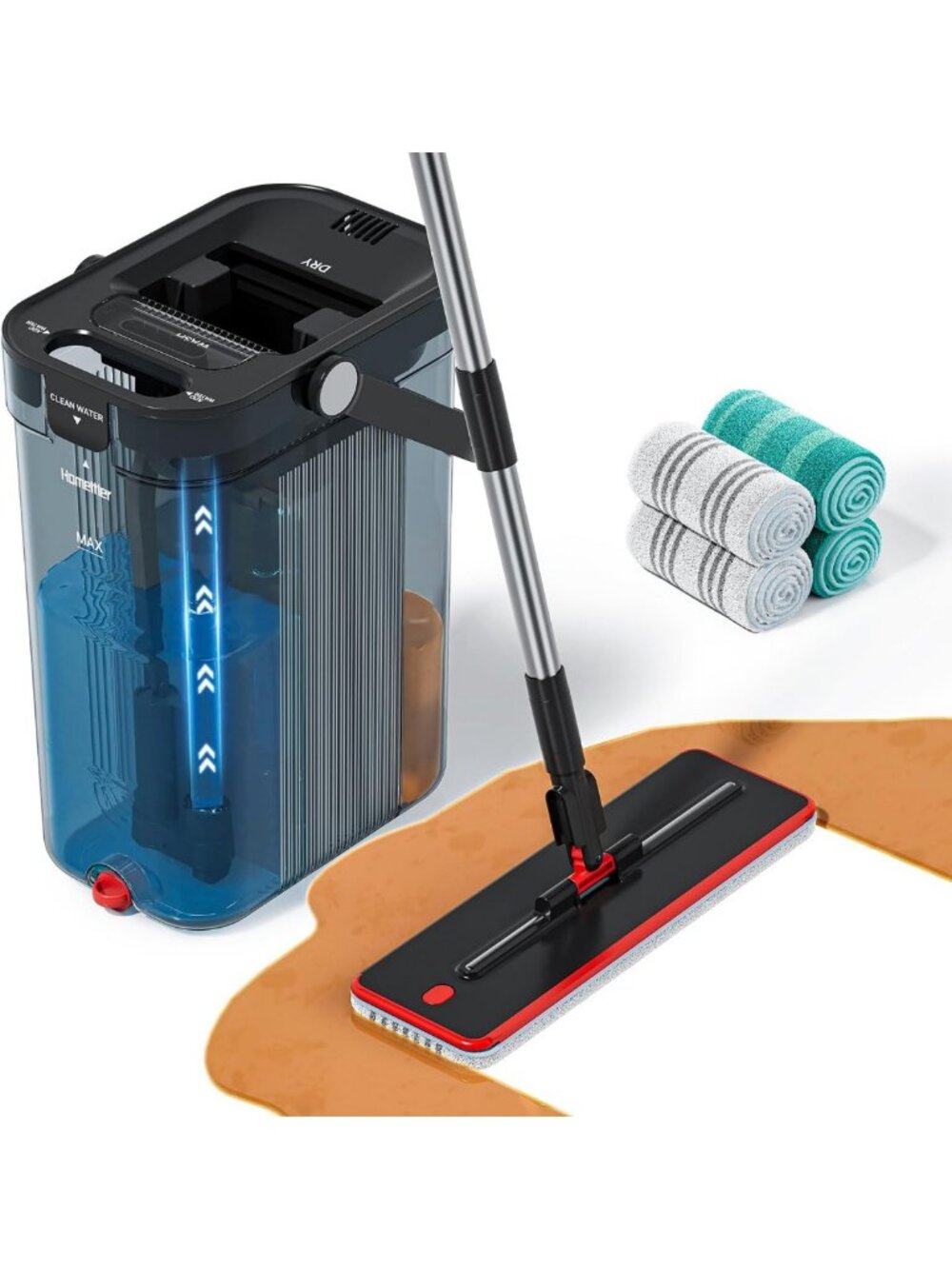 Transparent 3-Tank Mop & Bucket Set with 65" Flat Mop & 4 Washable Pads - Black
